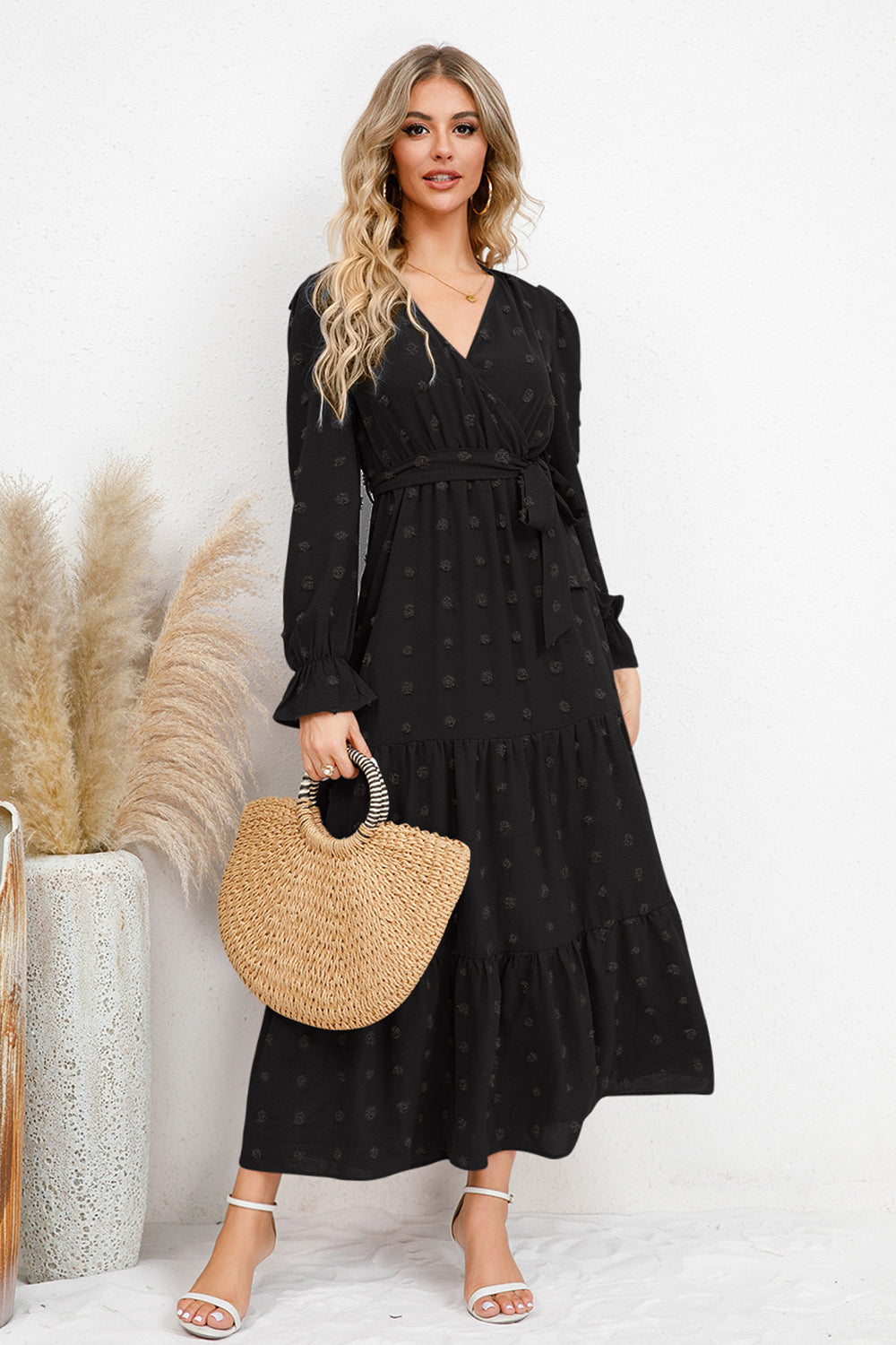 Swiss Dot Surplice Flounce Sleeve Dress