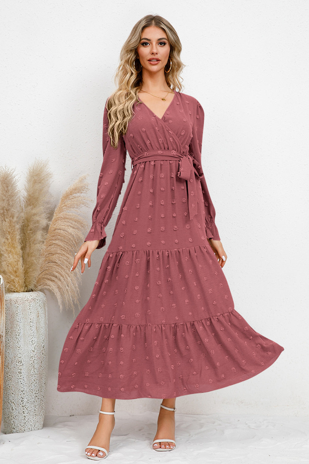 Swiss Dot Surplice Flounce Sleeve Dress