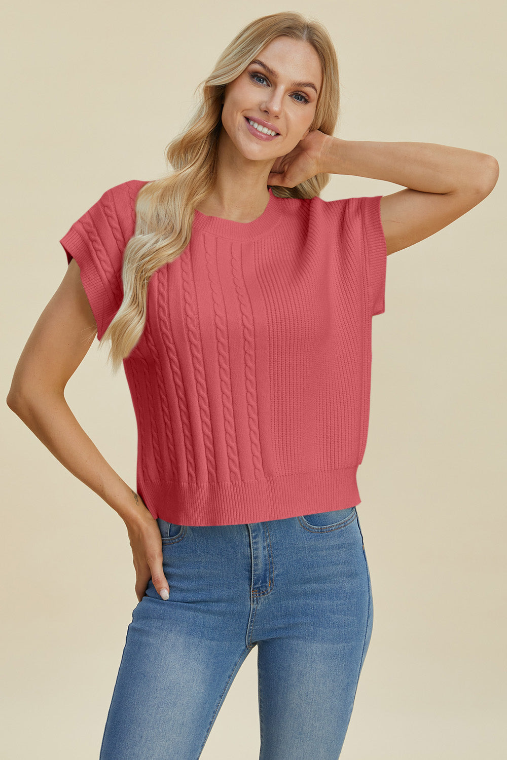 Cable-Knit Short Sleeve Sweater