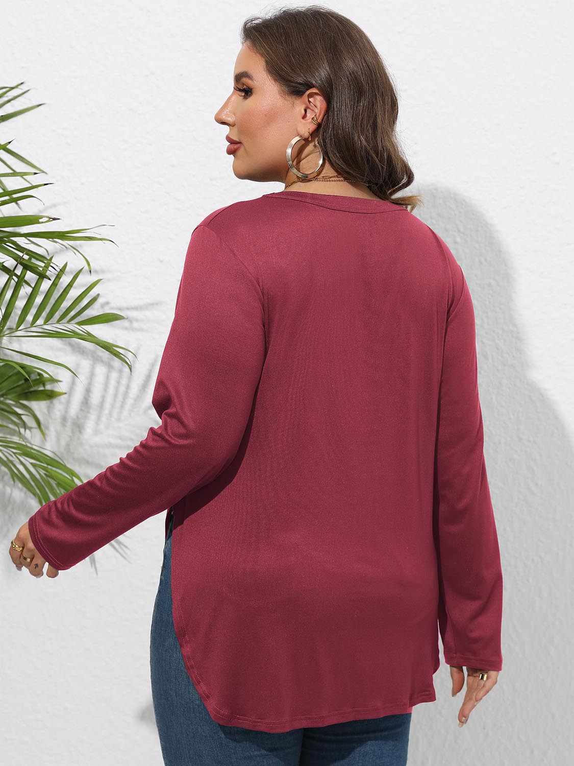Round Neck Long Sleeve Slit T-Shirt