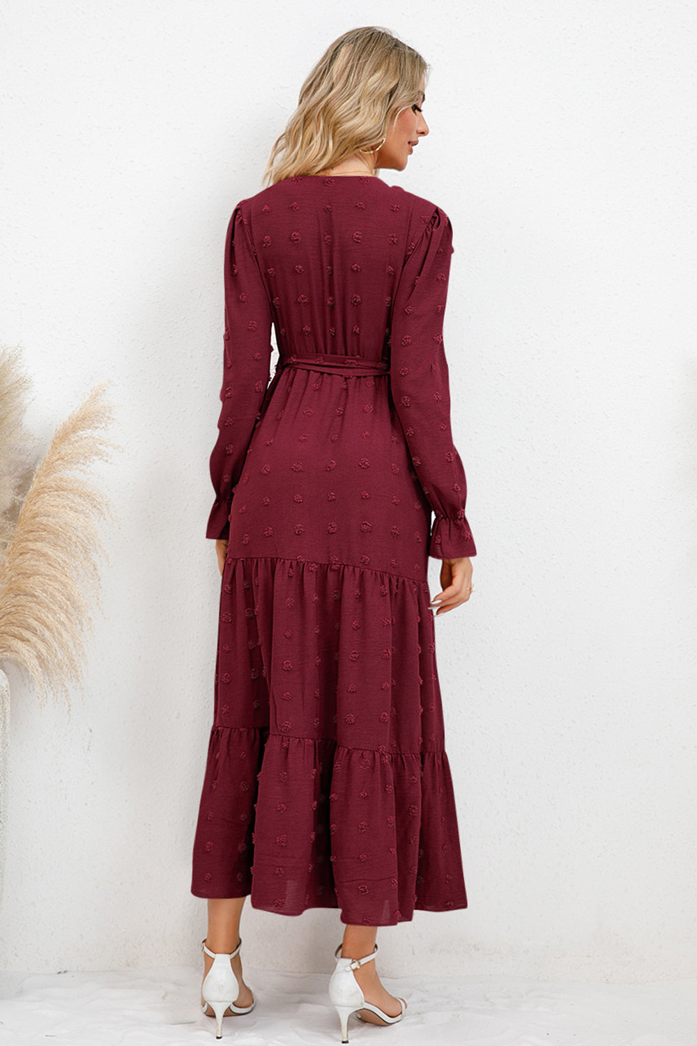 Swiss Dot Surplice Flounce Sleeve Dress