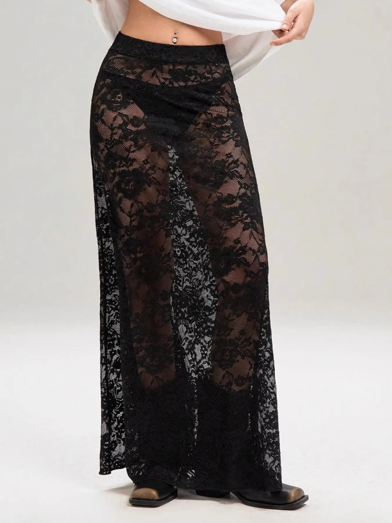 Women's Sheer Lace Maxi Skirt – High Waist See-Through Festival