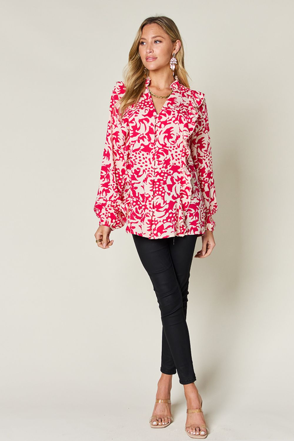 Printed Ruffle Balloon Sleeve Shirt