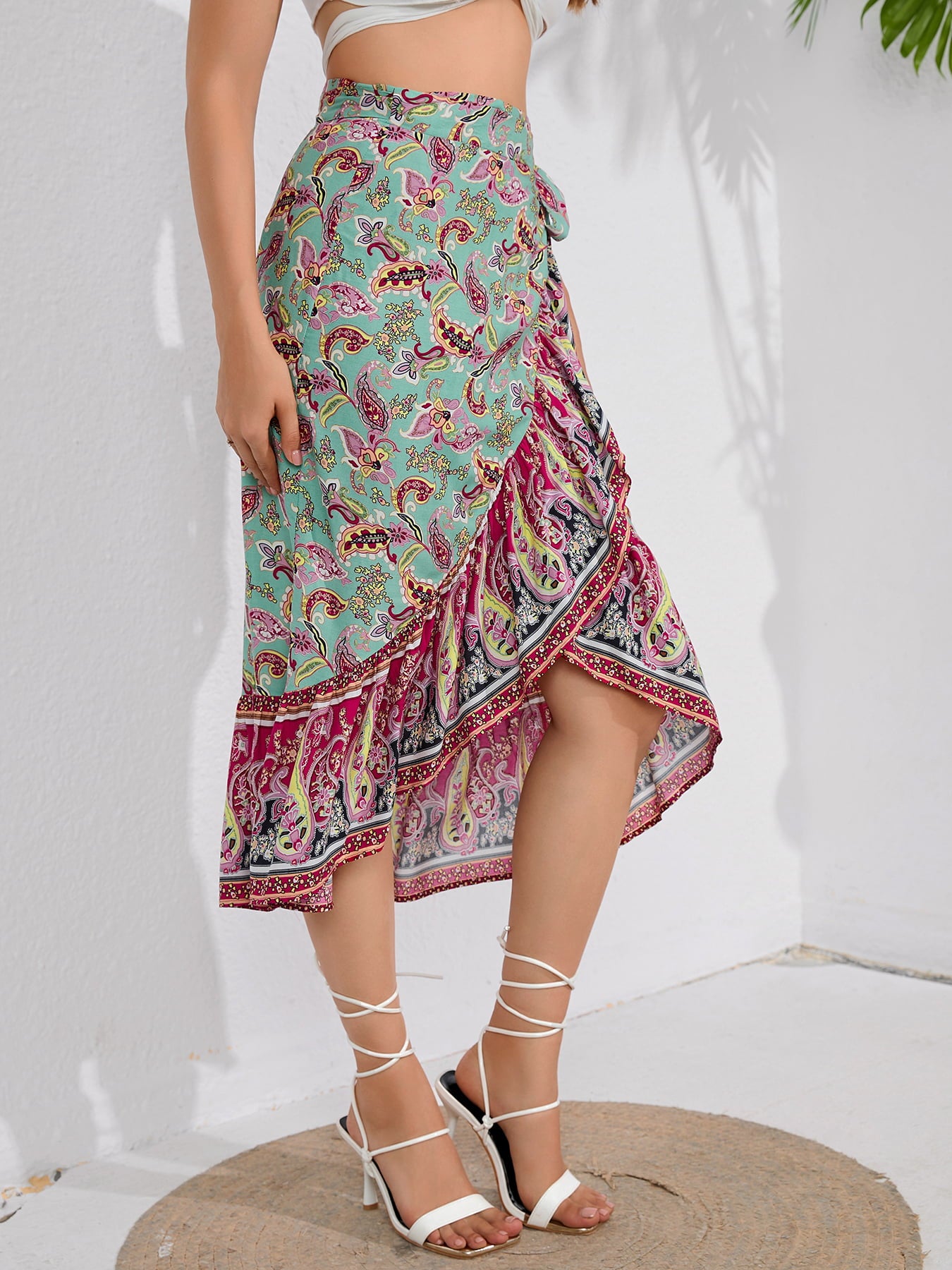 Tie-Waist Flounce Hem Midi Skirt