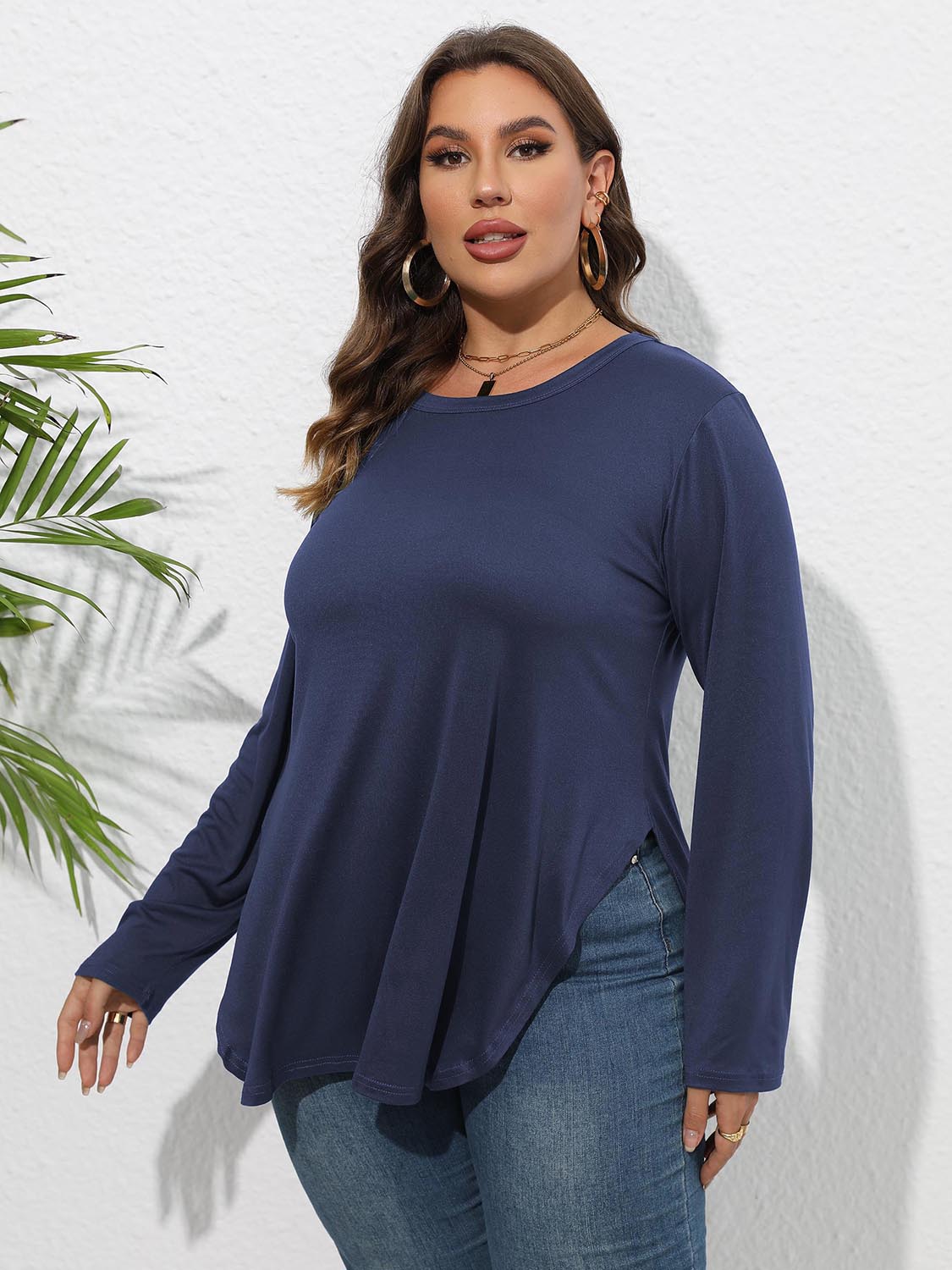 Round Neck Long Sleeve Slit T-Shirt