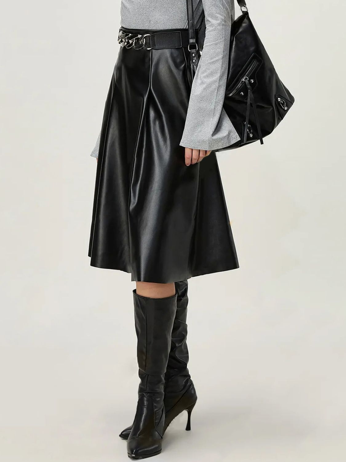 High-Waist Zipper Midi Skirt