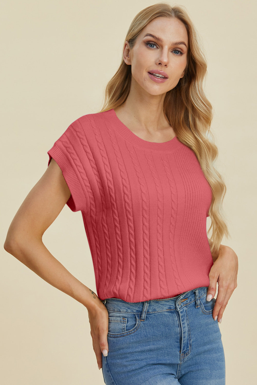Cable-Knit Short Sleeve Sweater