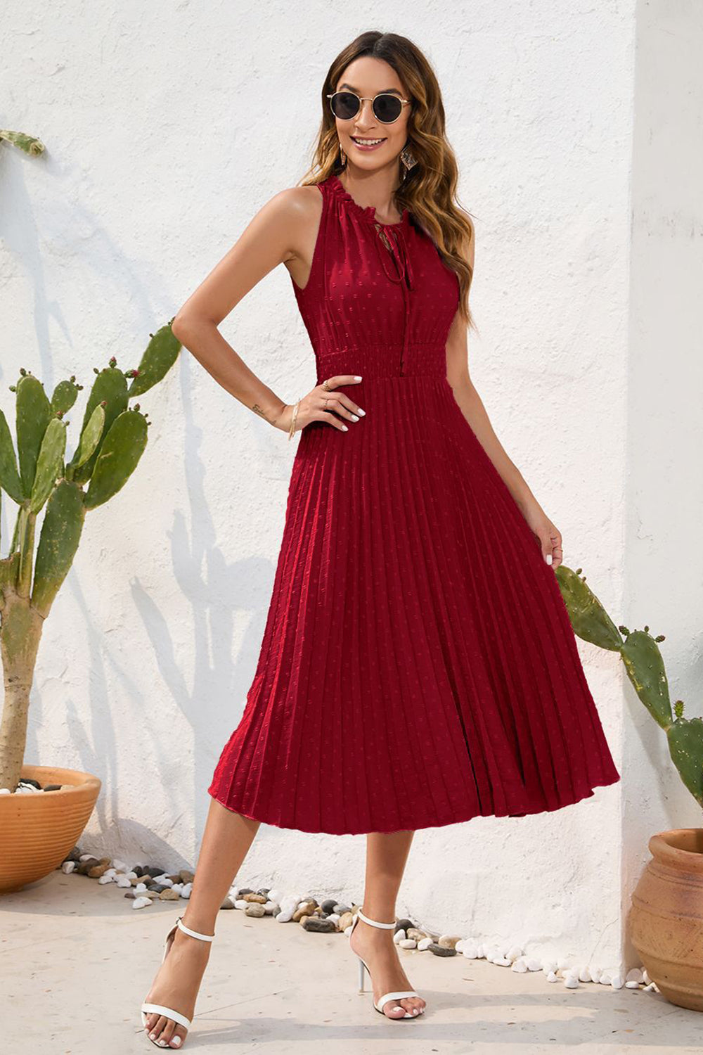 Swiss Dot Tie-Neck Dress