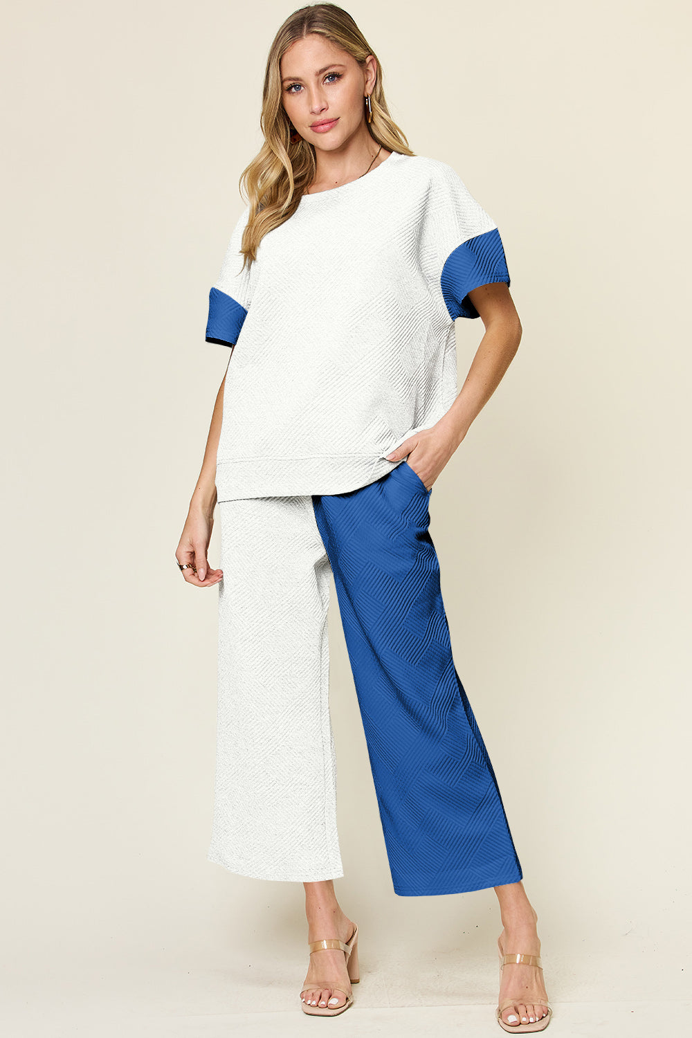 Textured Contrast T-Shirt & Wide-Leg Pants Set