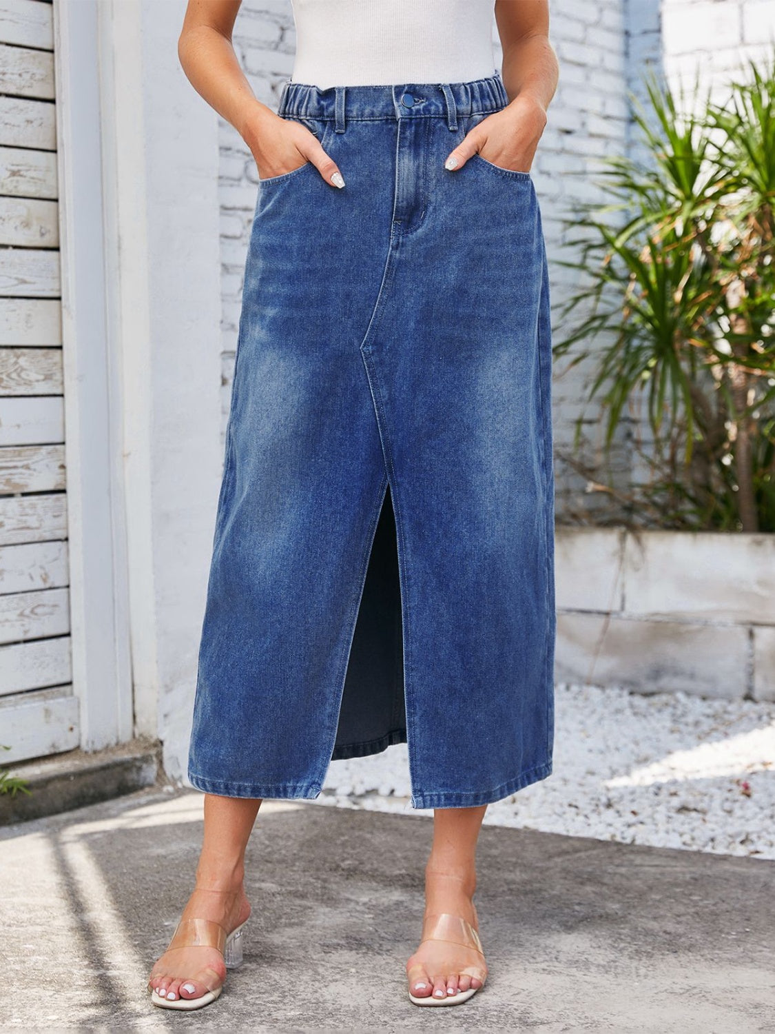 High-Waist Slit Denim Midi Skirt