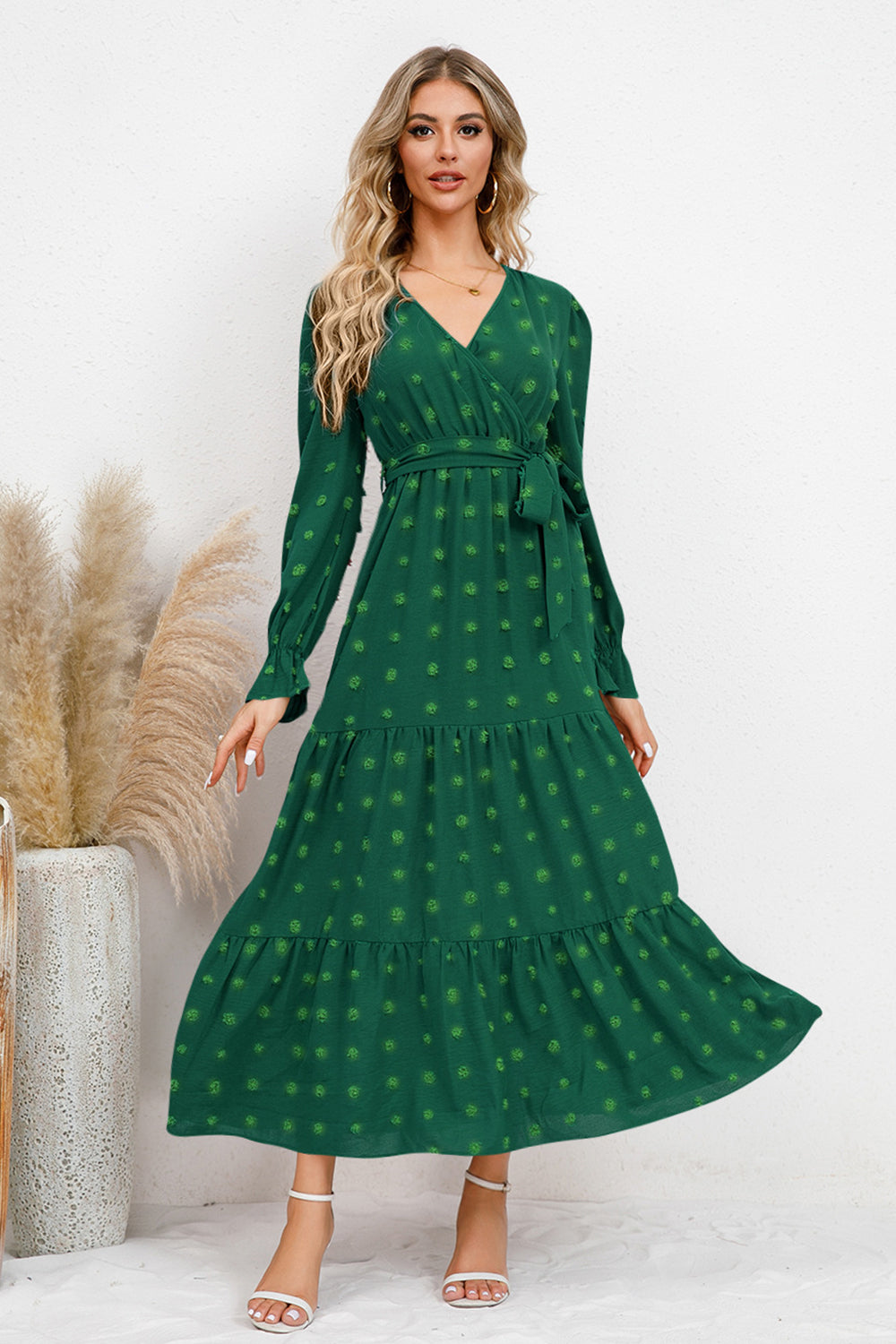 Swiss Dot Surplice Flounce Sleeve Dress