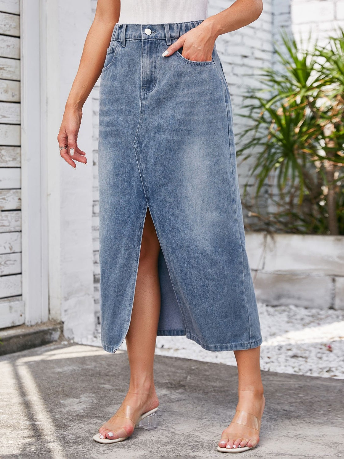 High-Waist Slit Denim Midi Skirt