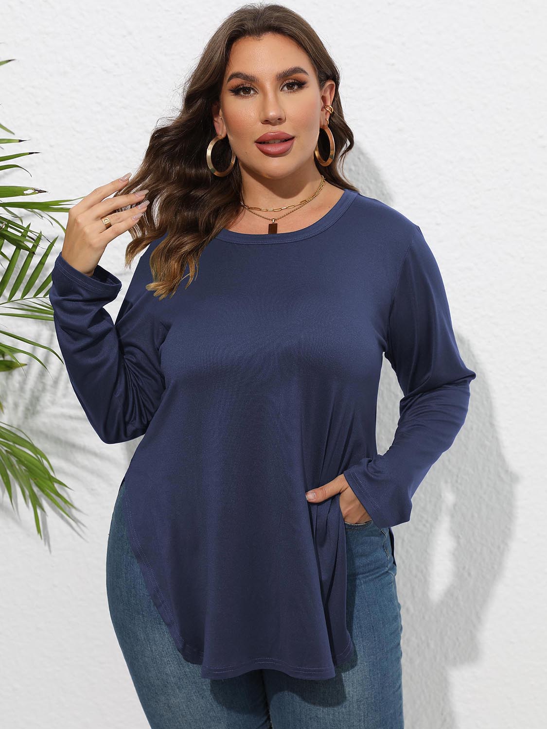 Round Neck Long Sleeve Slit T-Shirt