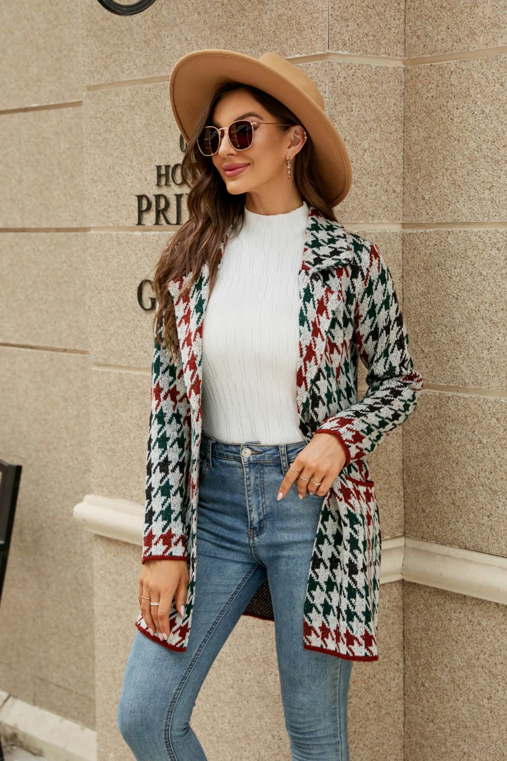 Printed Open-Front Cardigan with Pockets