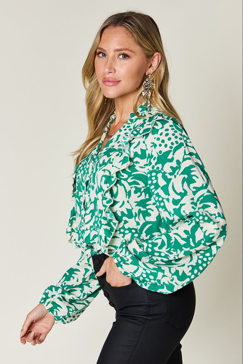 Printed Ruffle Balloon Sleeve Shirt