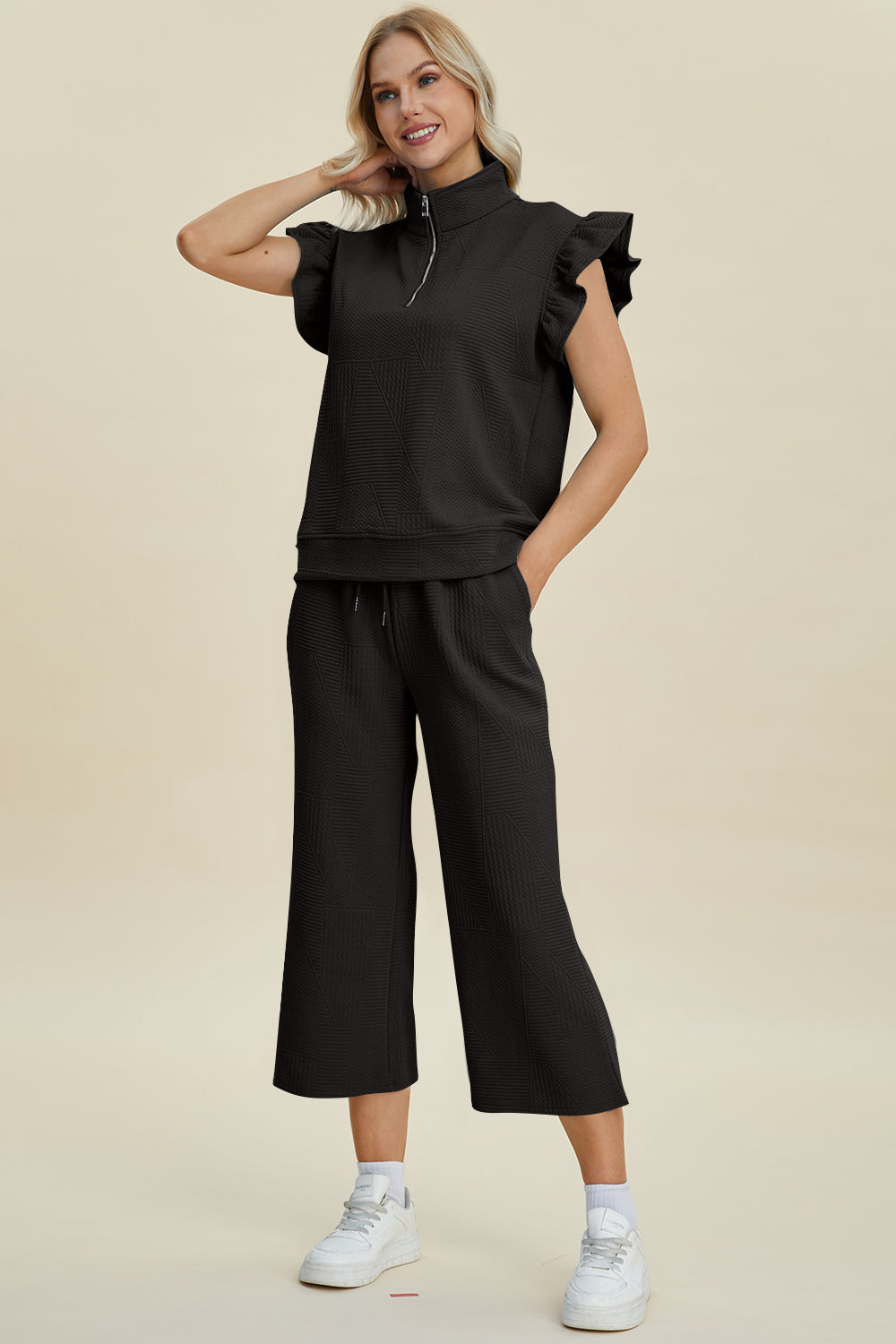 Textured Ruffle Sleeve Top & Wide-Leg Pants Set