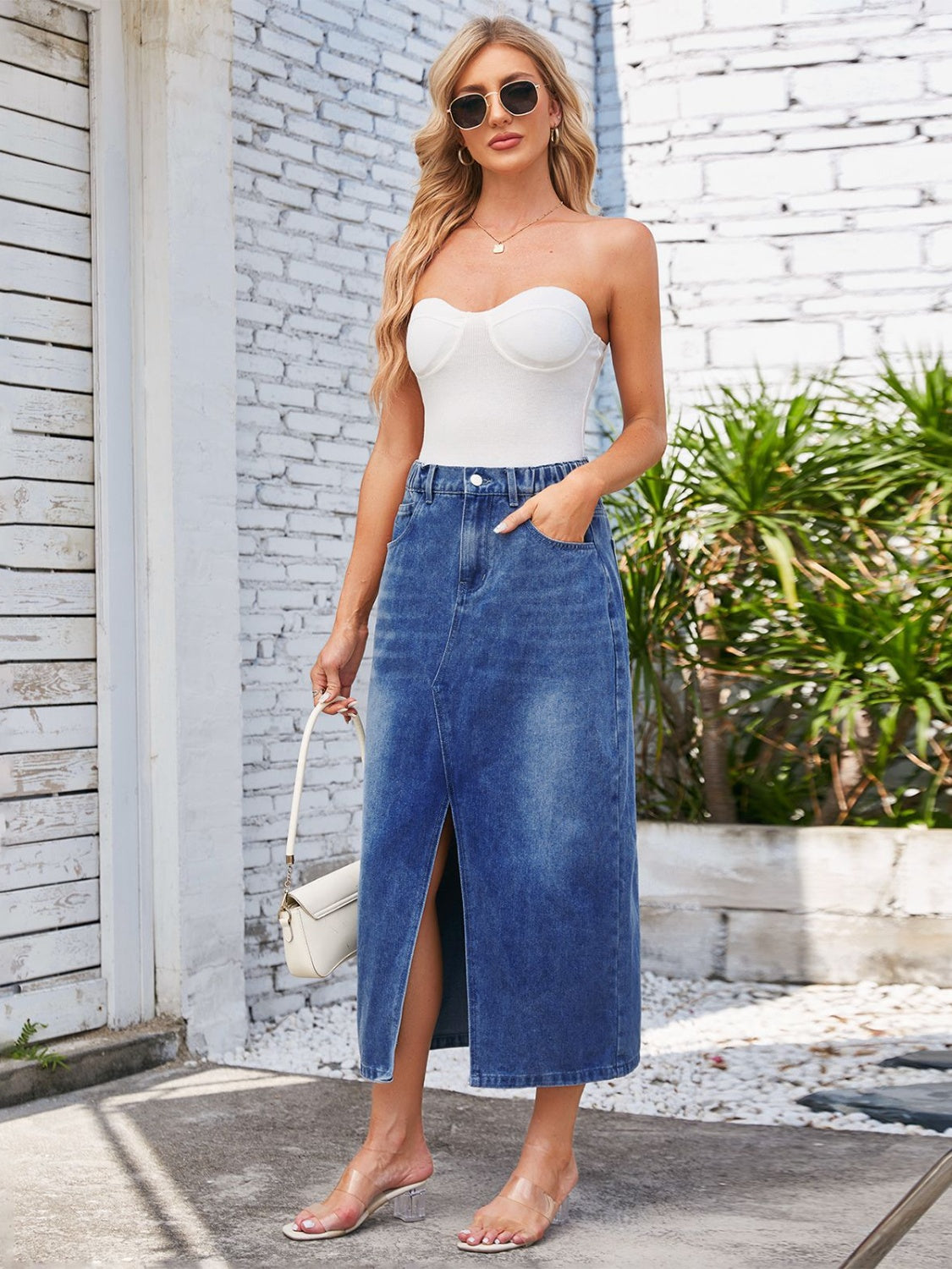 High-Waist Slit Denim Midi Skirt