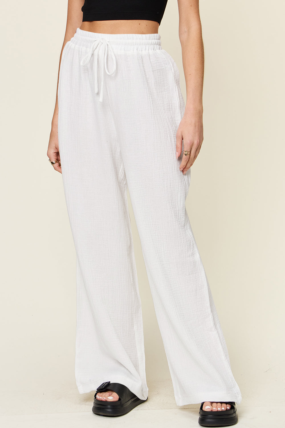 Textured Drawstring Wide-Leg Pants