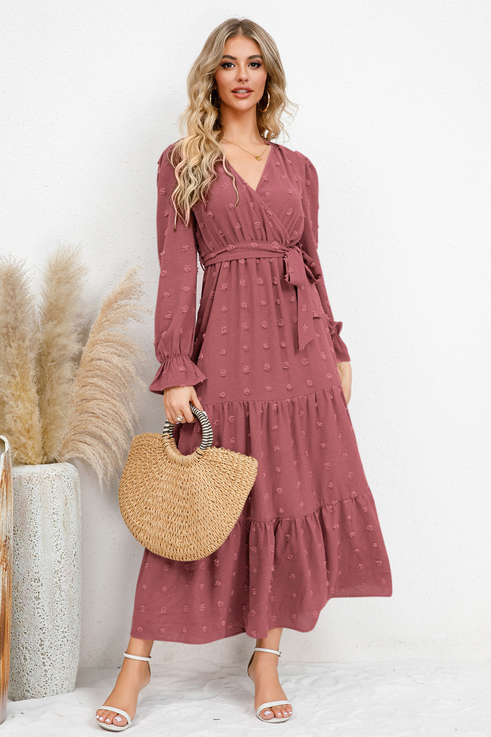 Swiss Dot Surplice Flounce Sleeve Dress