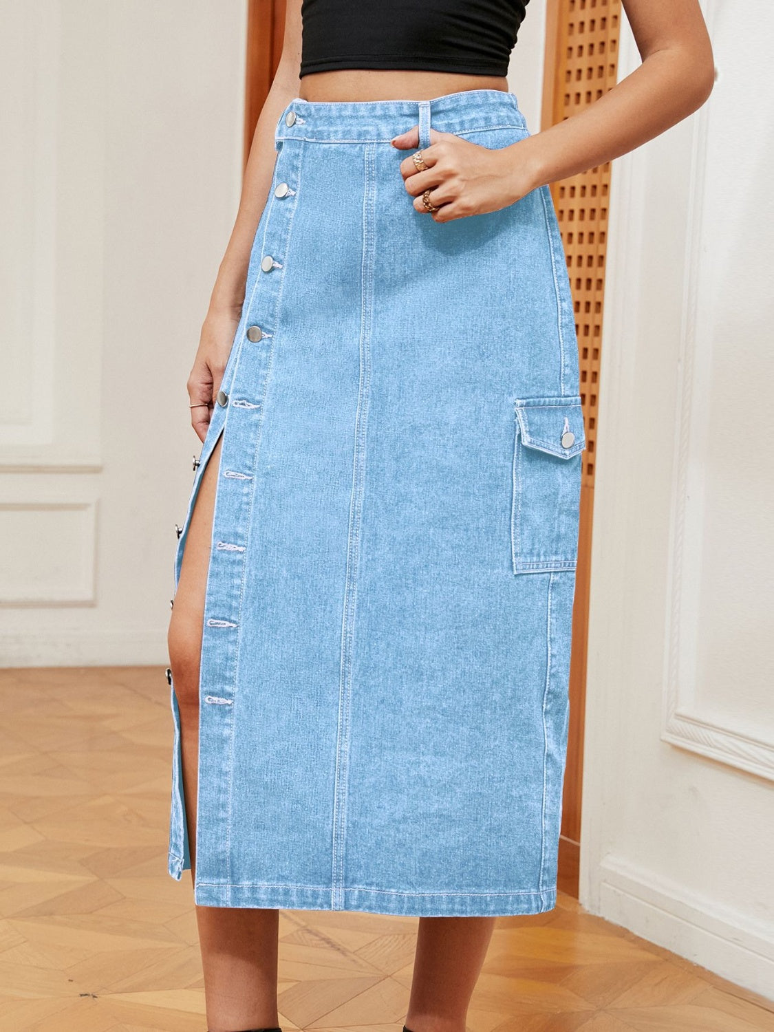 Button-Down Midi Denim Skirt