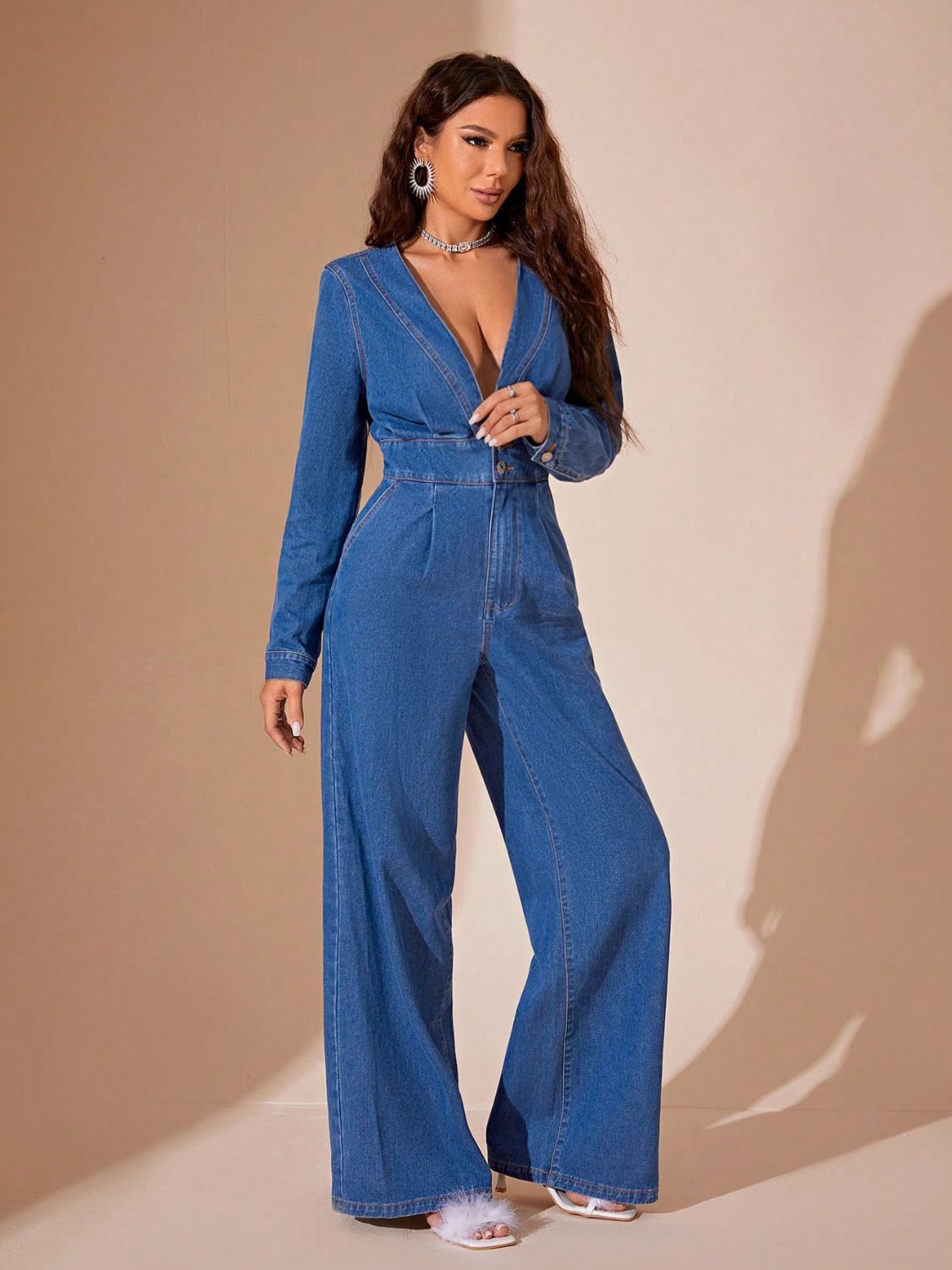 Plunge Neck Wide-Leg Denim Jumpsuit
