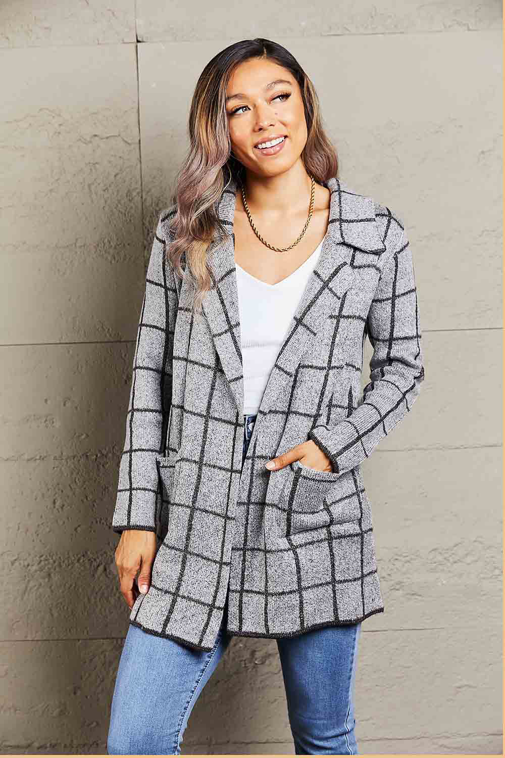 Printed Open-Front Cardigan with Pockets