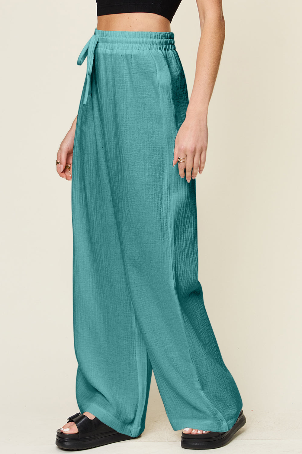 Textured Drawstring Wide-Leg Pants
