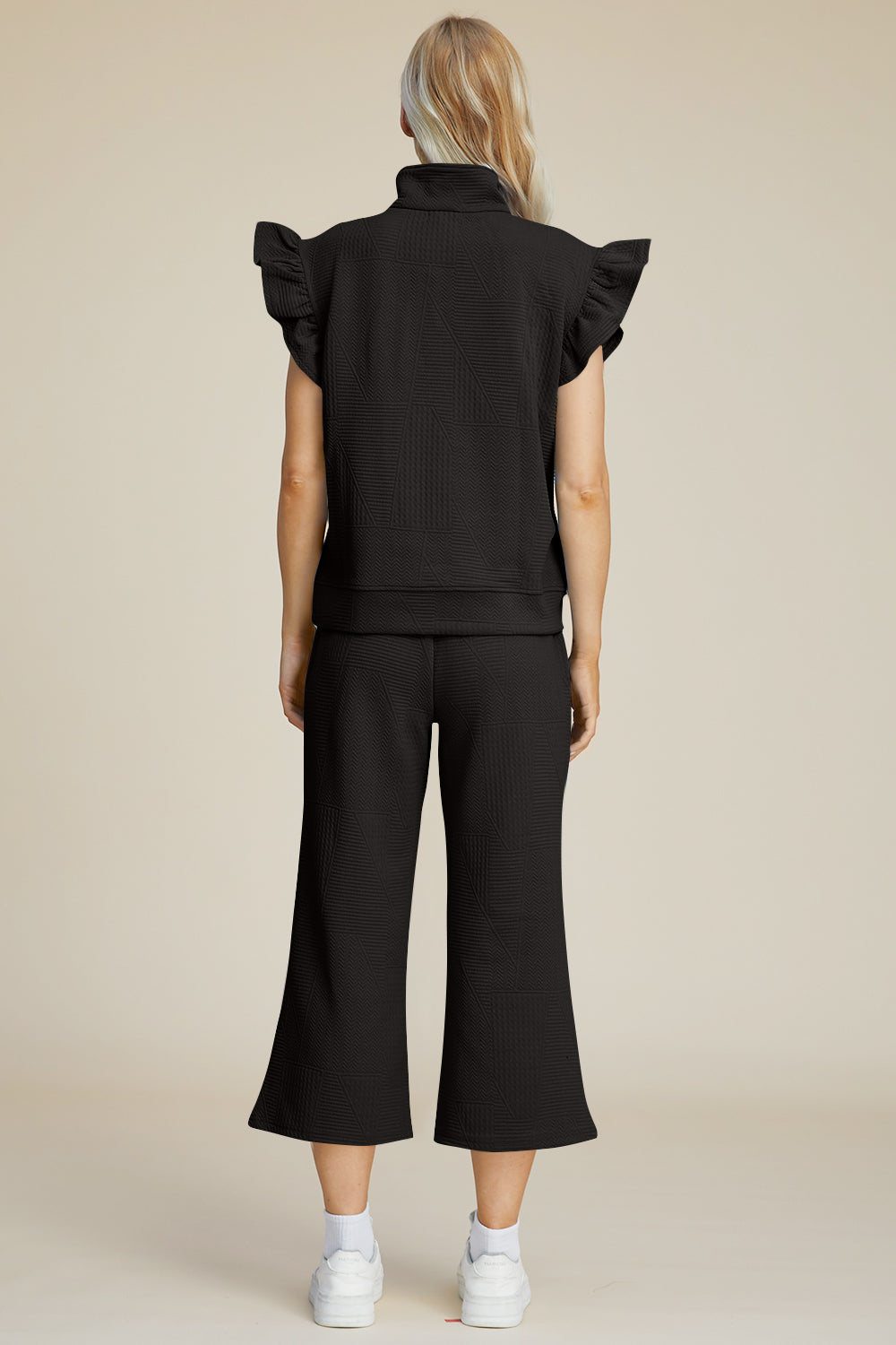 Textured Ruffle Sleeve Top & Wide-Leg Pants Set