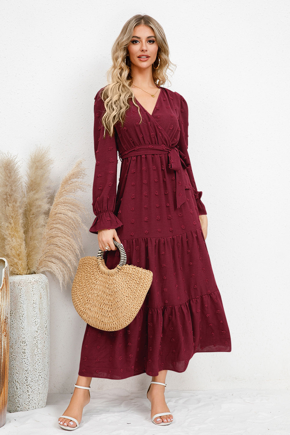 Swiss Dot Surplice Flounce Sleeve Dress