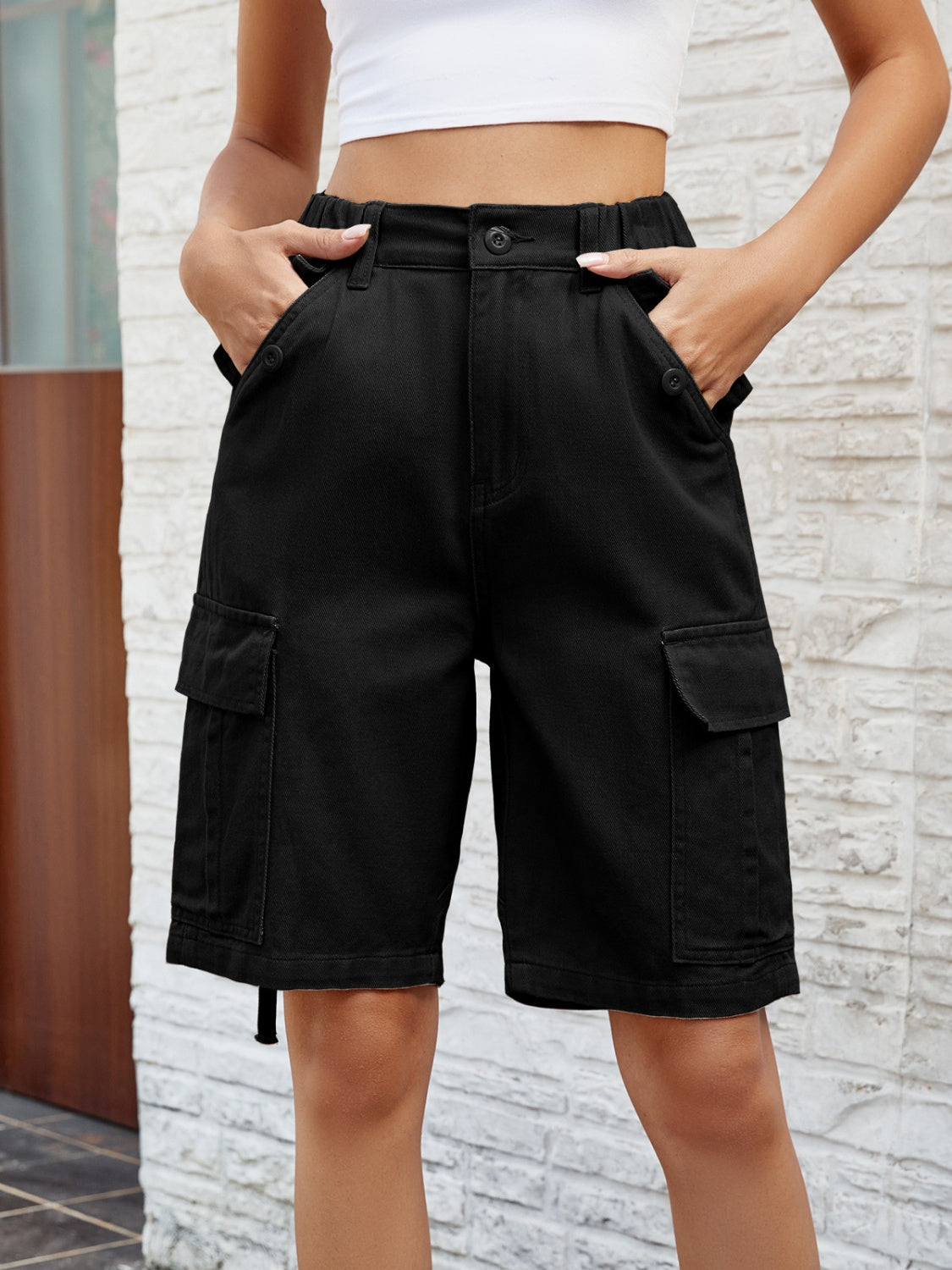 High-Waist Denim Shorts with Pockets