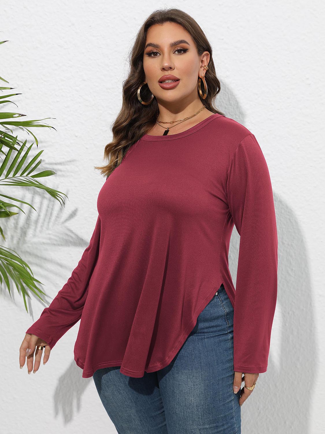 Round Neck Long Sleeve Slit T-Shirt