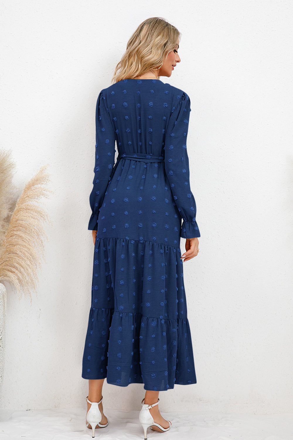 Swiss Dot Surplice Flounce Sleeve Dress