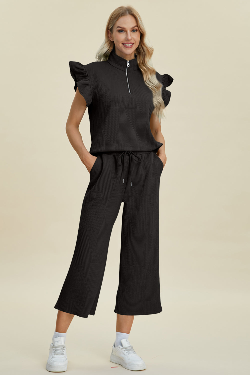 Textured Ruffle Sleeve Top & Wide-Leg Pants Set