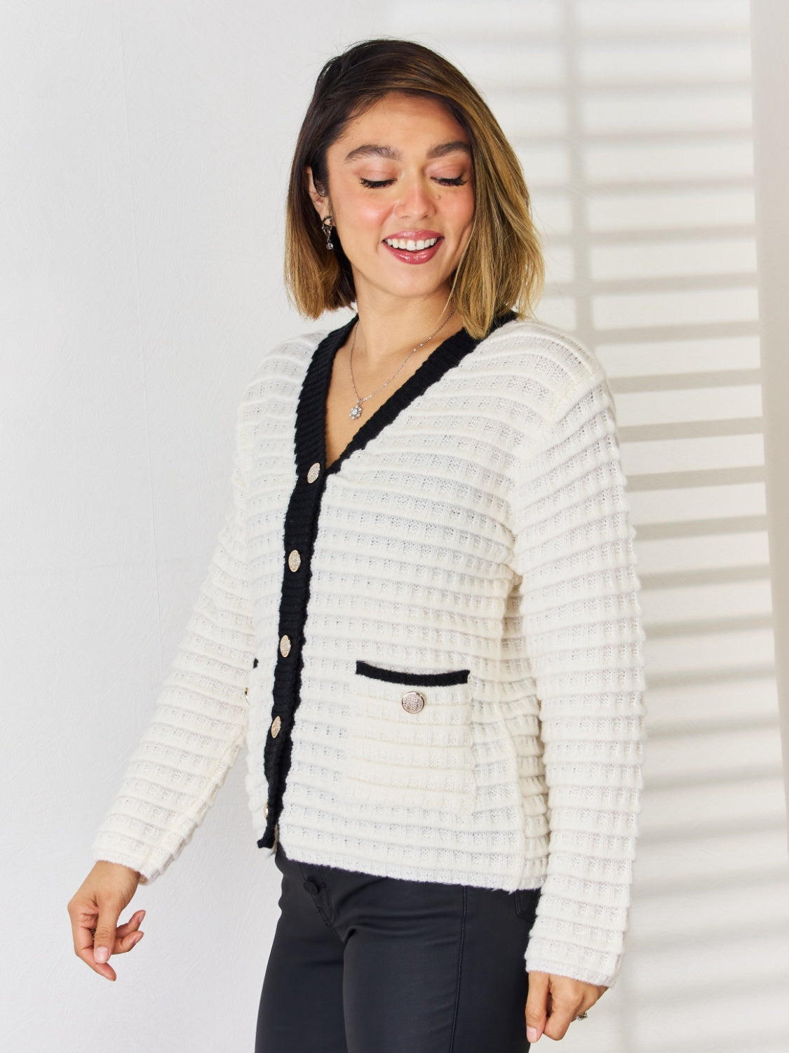 Contrast Trim Button-Up Cardigan
