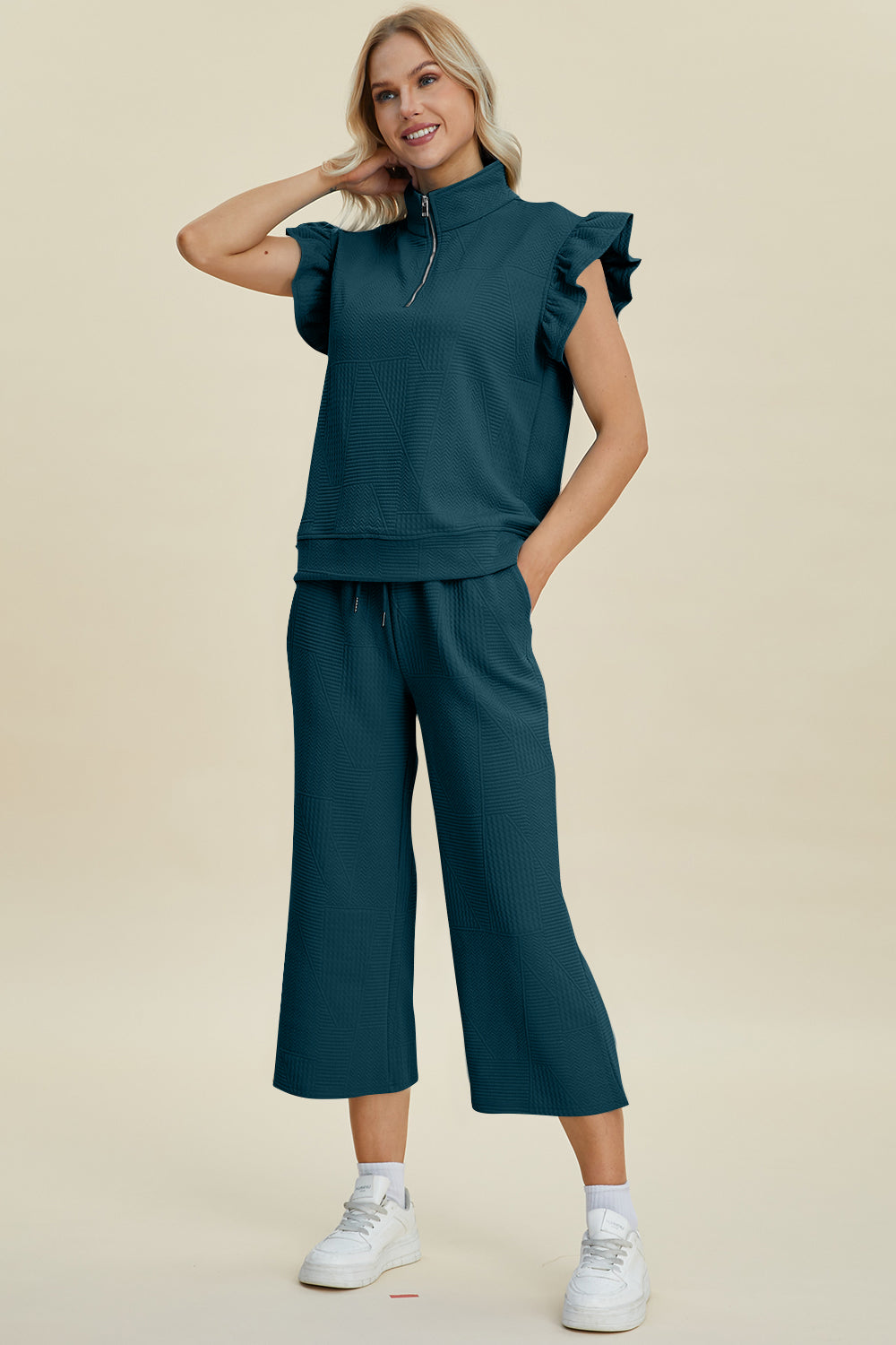 Textured Ruffle Sleeve Top & Wide-Leg Pants Set