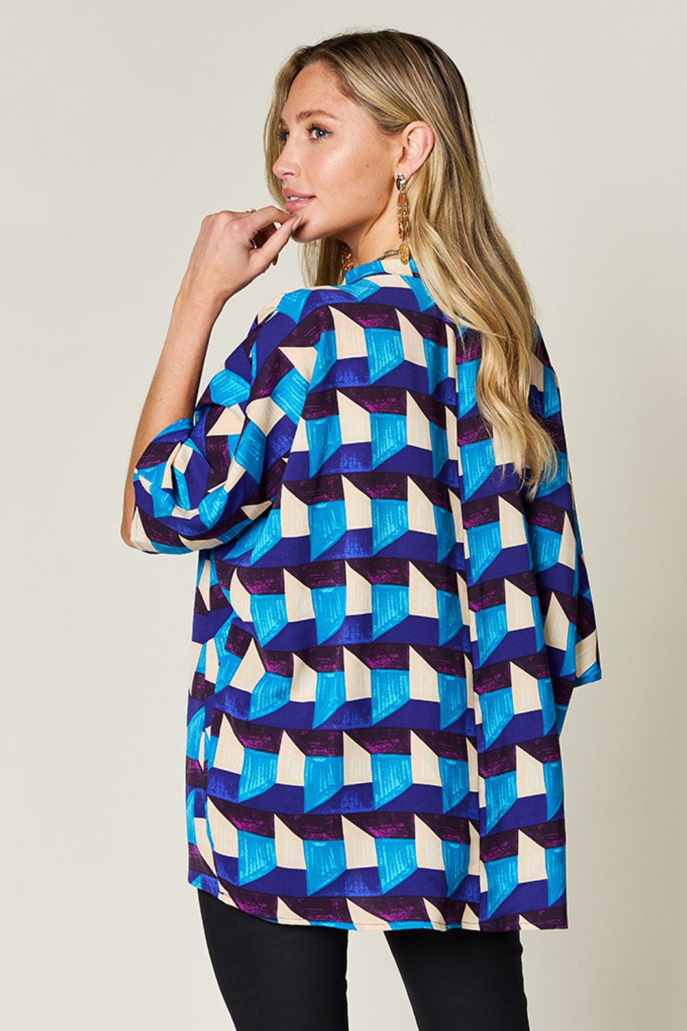 Geometric Notched Half-Sleeve Blouse