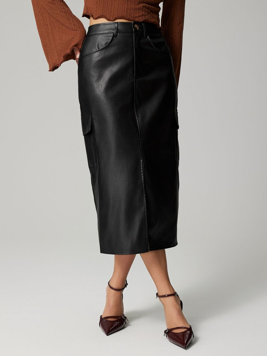 Buttoned Slit Midi Skirt with Pockets