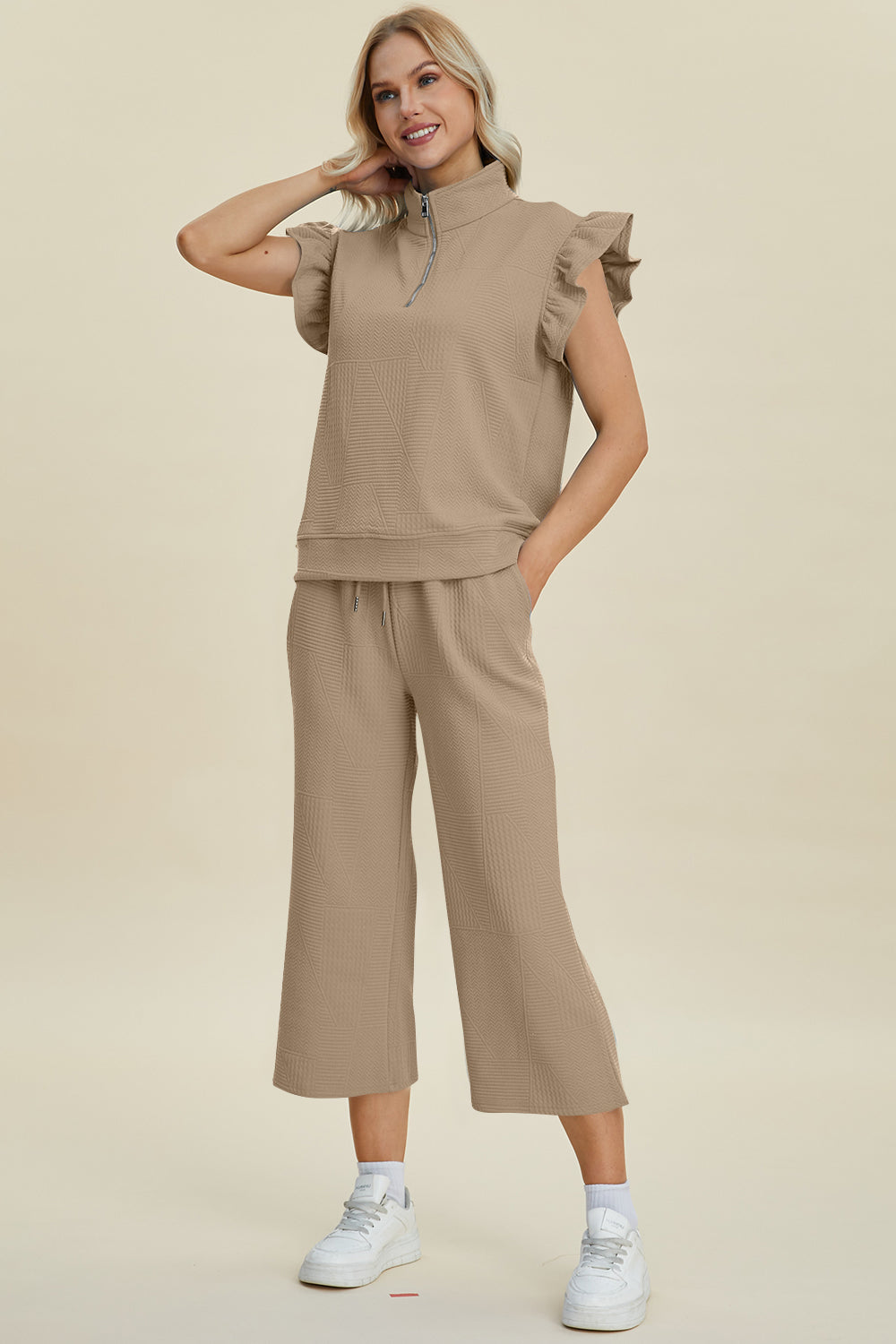Textured Ruffle Sleeve Top & Wide-Leg Pants Set