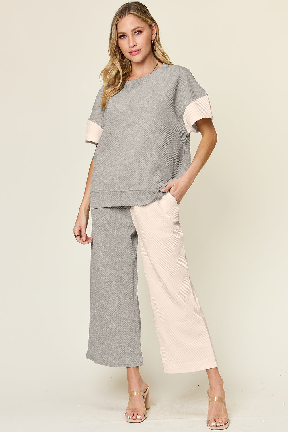 Textured Contrast T-Shirt & Wide-Leg Pants Set