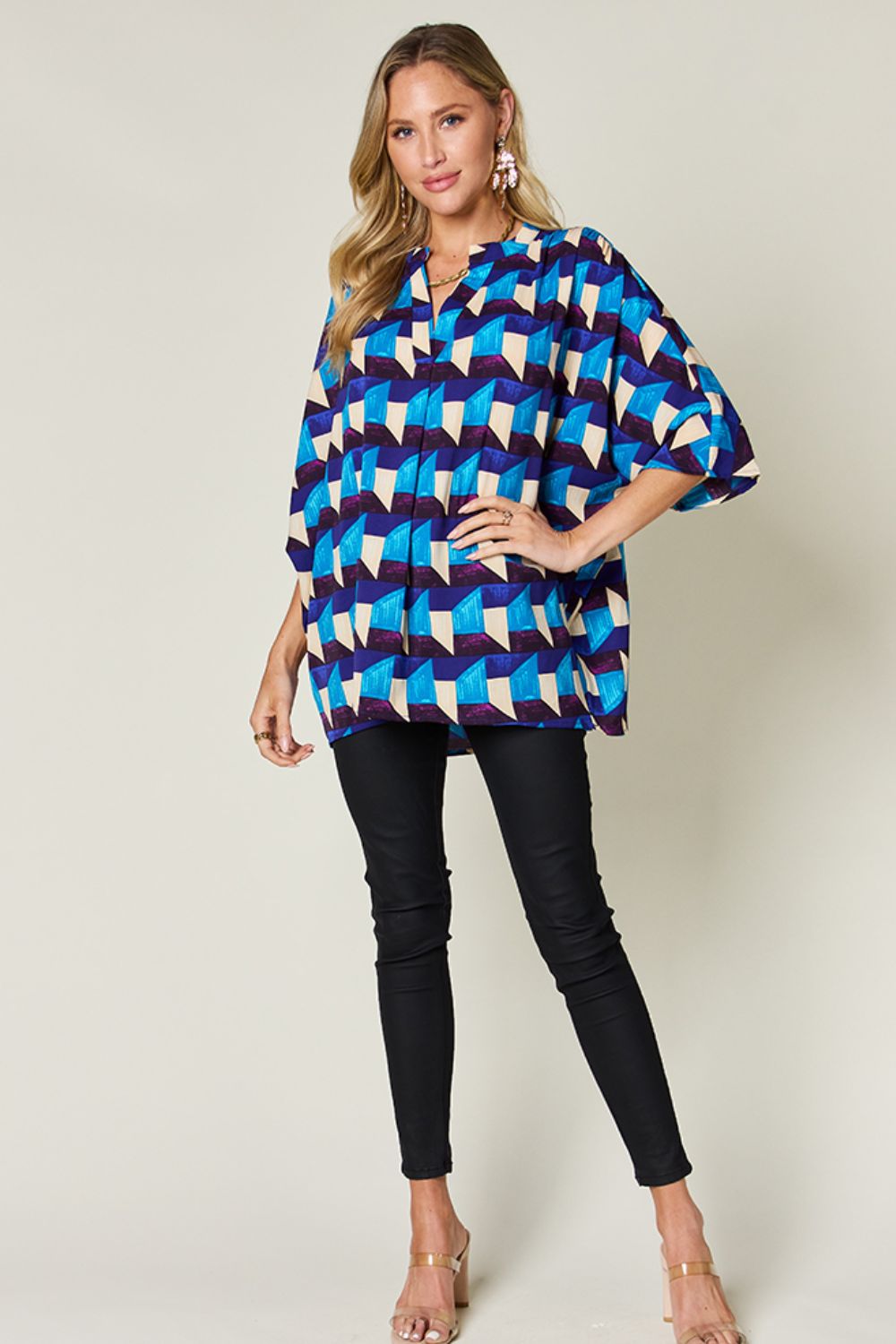 Geometric Notched Half-Sleeve Blouse