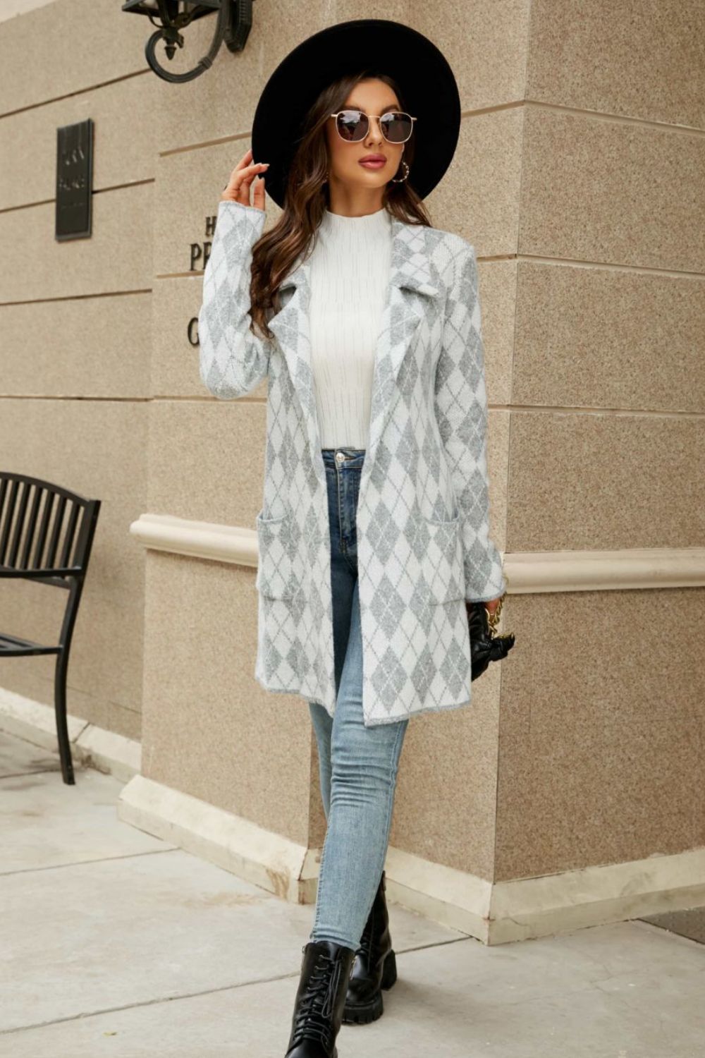 Printed Open-Front Cardigan with Pockets