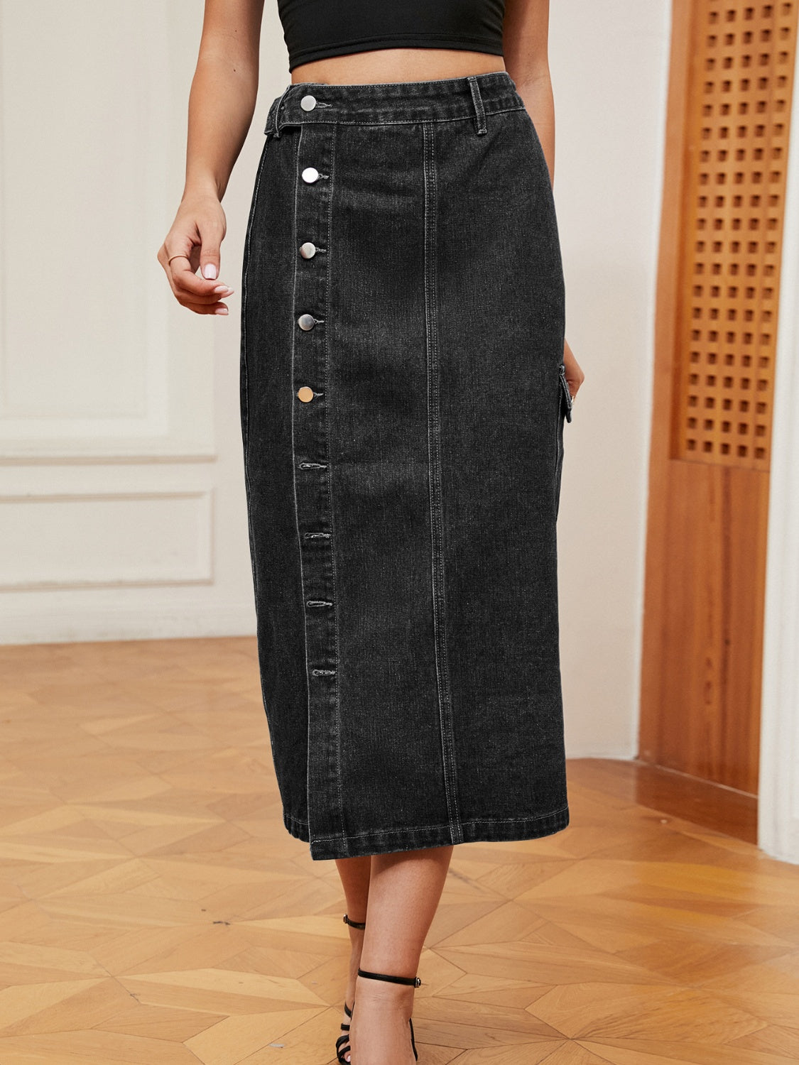 Button-Down Midi Denim Skirt