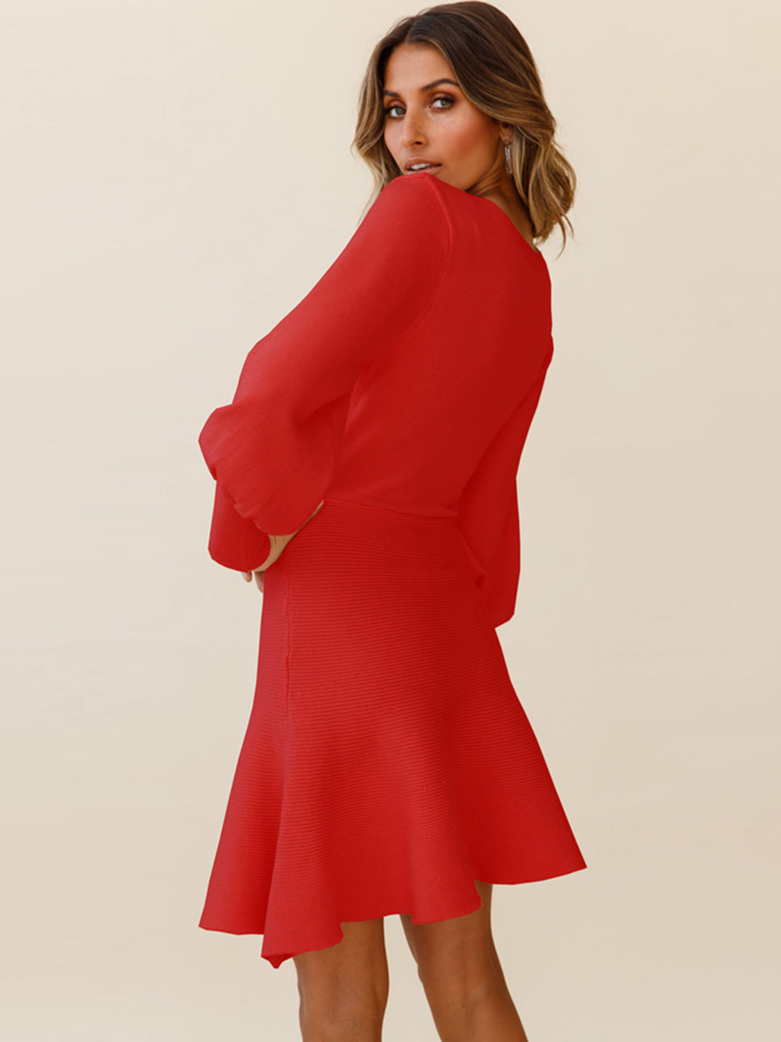 Elegant Lantern Sleeve Knit Sweater Dress