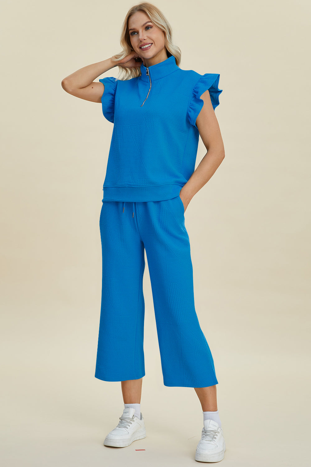 Textured Ruffle Sleeve Top & Wide-Leg Pants Set