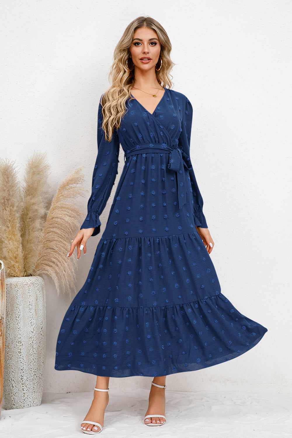 Swiss Dot Surplice Flounce Sleeve Dress