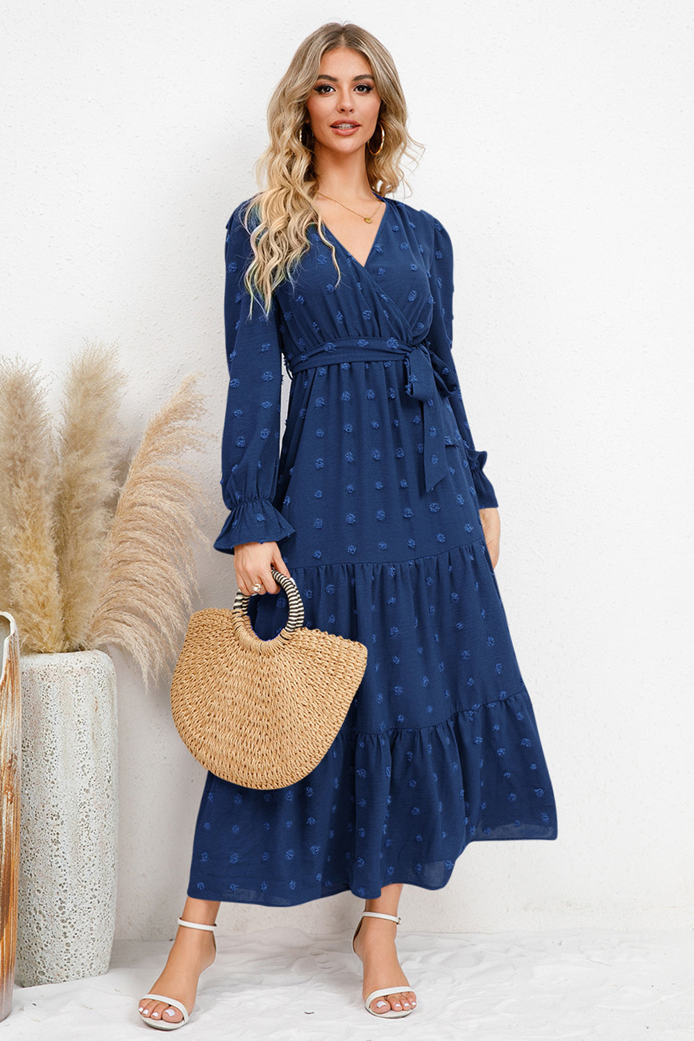 Swiss Dot Surplice Flounce Sleeve Dress