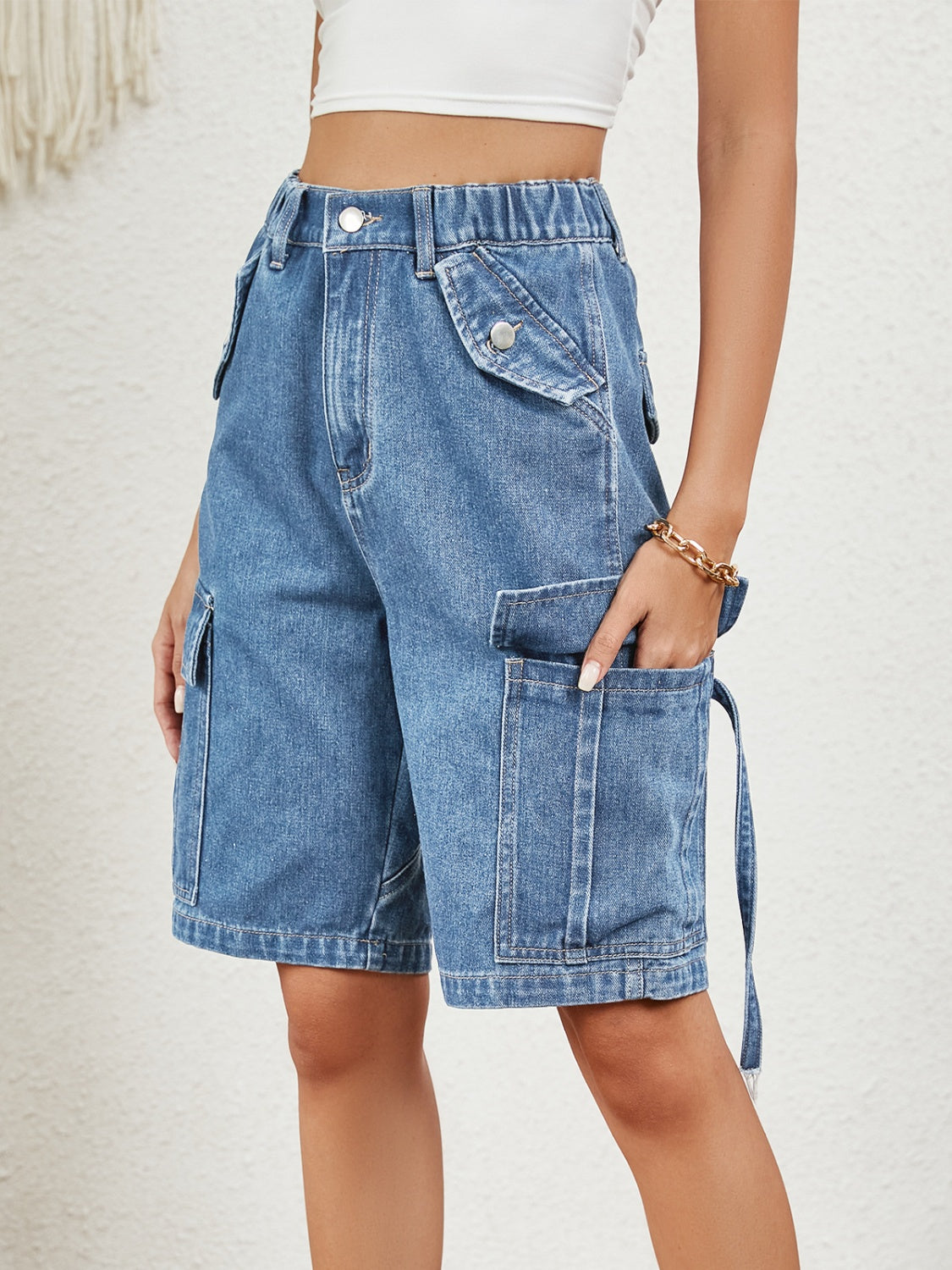 High-Waist Denim Shorts with Pockets