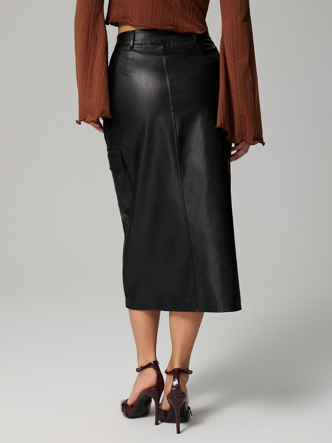 Buttoned Slit Midi Skirt with Pockets