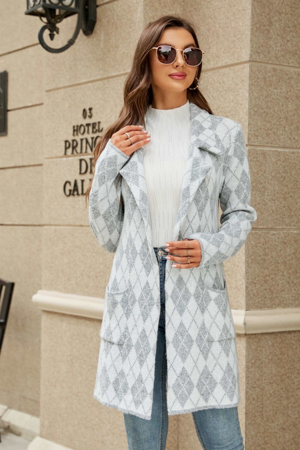 Printed Open-Front Cardigan with Pockets