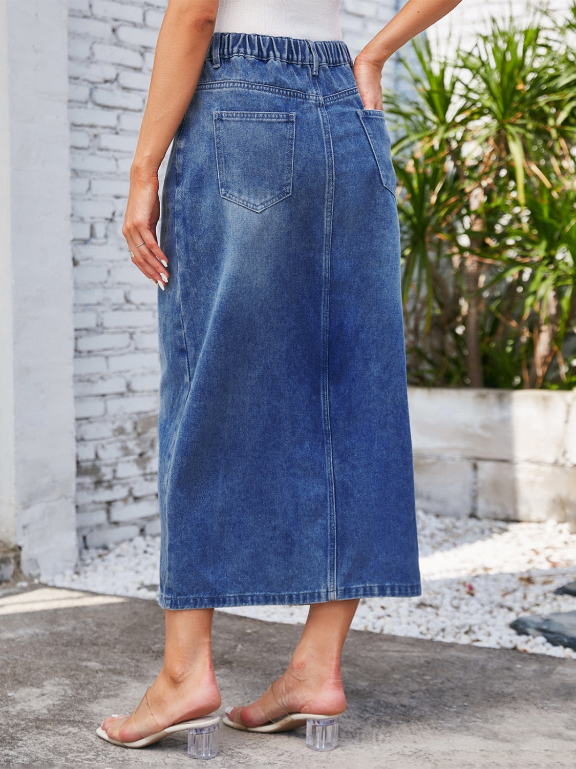 High-Waist Slit Denim Midi Skirt